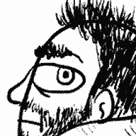 Dan Pindell cartoon portrait in profile, staring at you